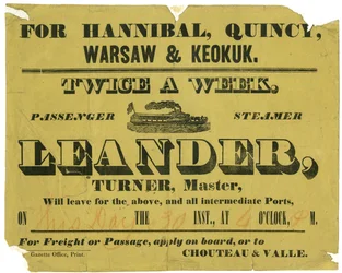 Anuncio de S.S.Leander, carga o pasaje dos veces por semana, a Hannibal, Quincy, Varsovia y Keokuk, ca. 1850